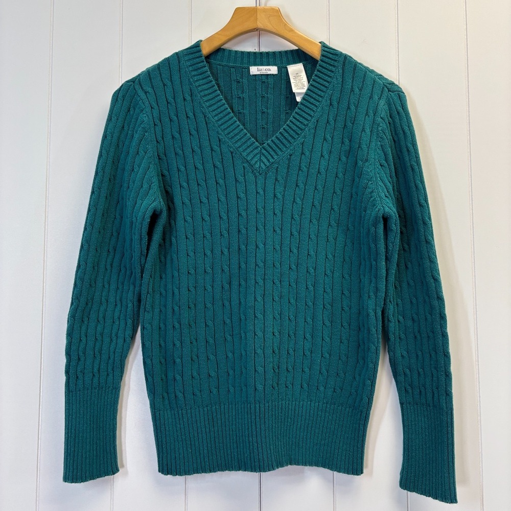 Liz & Co. Y2K Preppy V-Neck Cable Knit Sweater Women Size 2X Dark Academia Comfy
